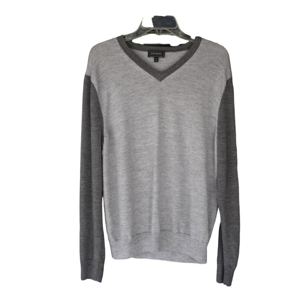 Men's Express 2-Tone Gray Merino Wool V-Neck Sweater XL